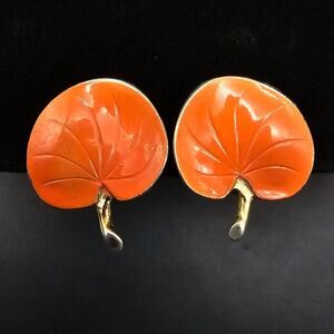 Pastelli Orange Enamel Lily Pad Earrings Signed Vintage Costume Jewelry